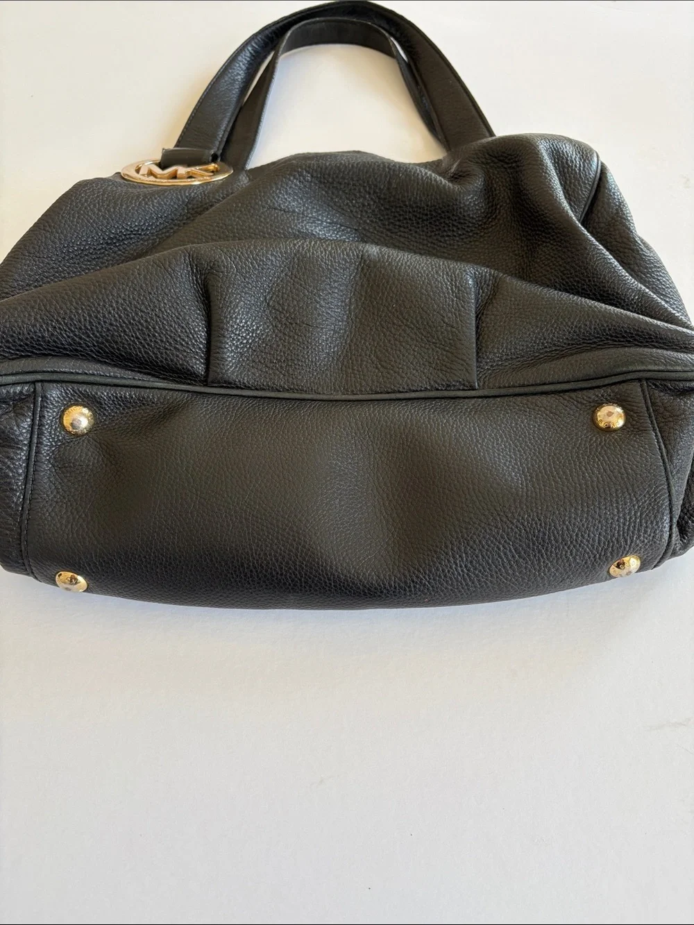Michael Kors Black Pebbled Leather Tote with Gold MK Logo Charm